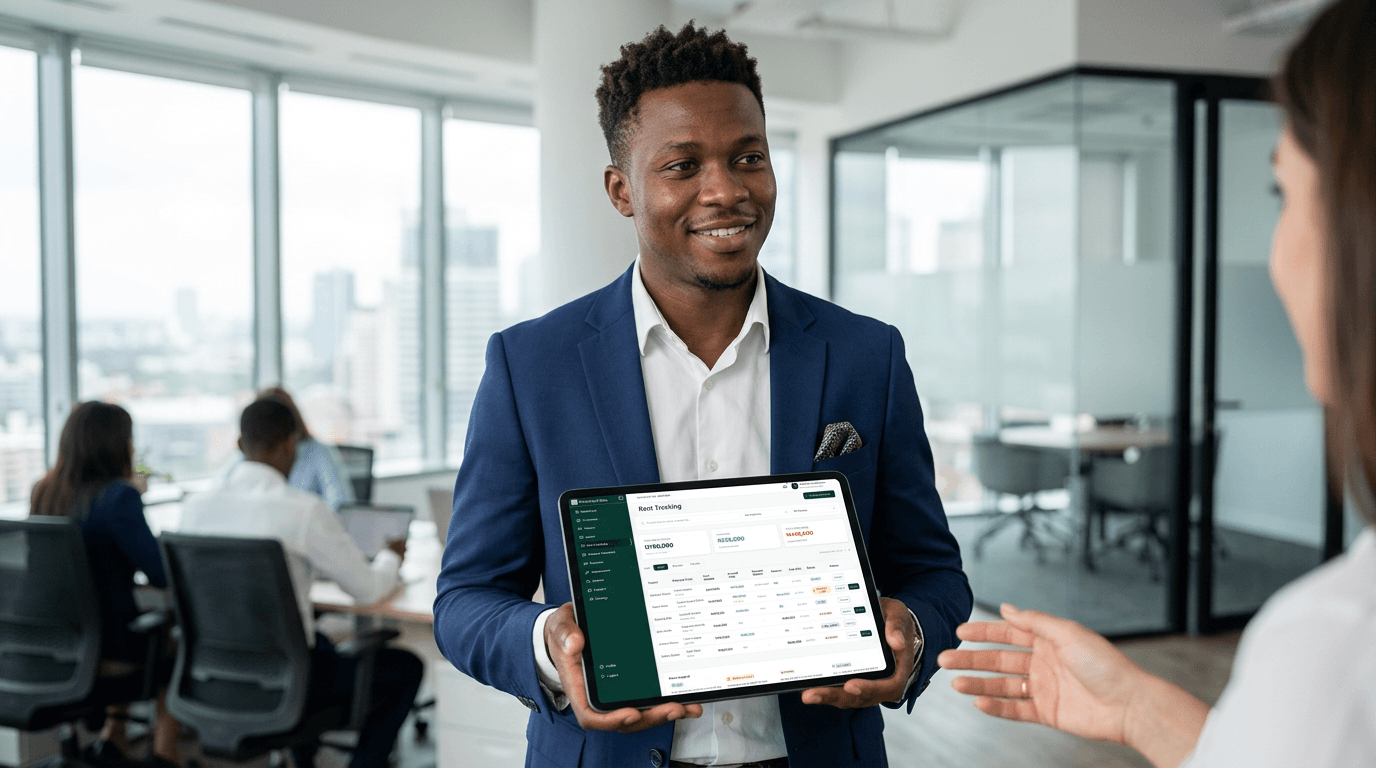 Property professional presenting the PropertyBridge dashboard on a tablet