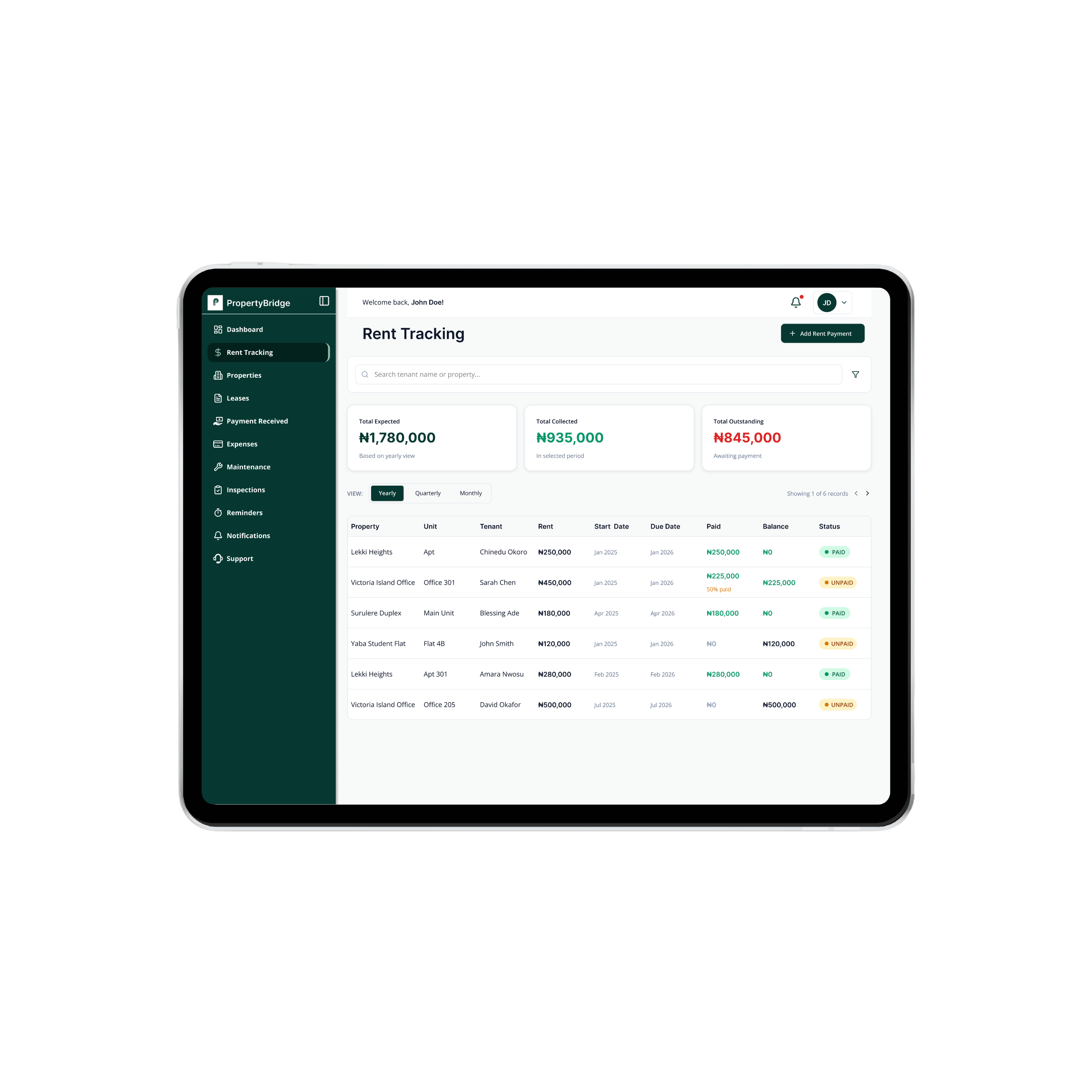 Rent and expense tracking dashboard